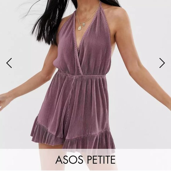 ASOS Petite Plisse V-Neck Halter with Frill Hem Romper - Picture 6 of 9